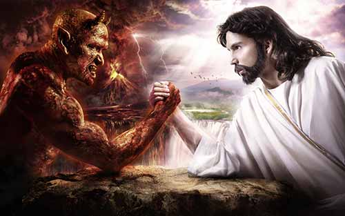 Jesus arm wrestles the devil
