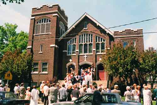 People going into church